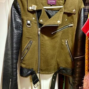 Vigoss Green and Black Leather Jacket with Asymmetrical Zipper